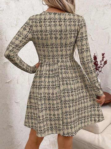 Short Plaid Crew Neck Long Sleeve Dress For Women, Autumn/Winter
