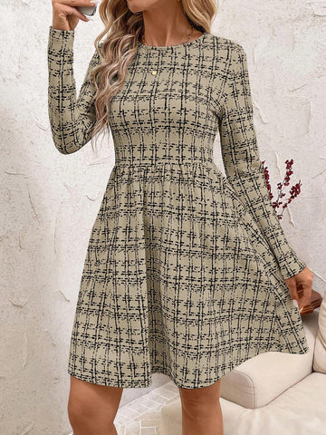 Short Plaid Crew Neck Long Sleeve Dress For Women, Autumn/Winter