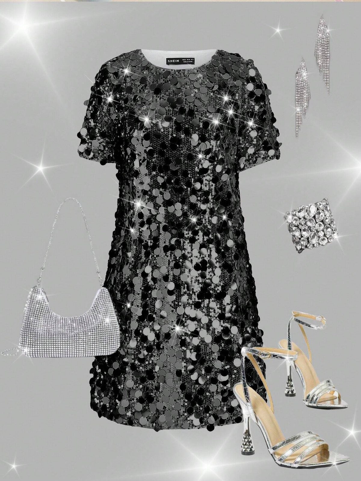 Silver Glitter Decor Cinching Waist Long Dress, Party Gown, Prom Dress