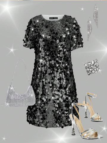 Silver Glitter Decor Cinching Waist Long Dress, Party Gown, Prom Dress