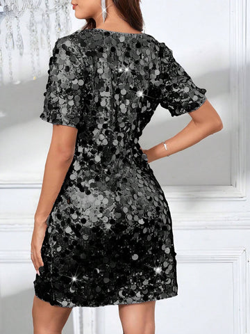 Silver Glitter Decor Cinching Waist Long Dress, Party Gown, Prom Dress