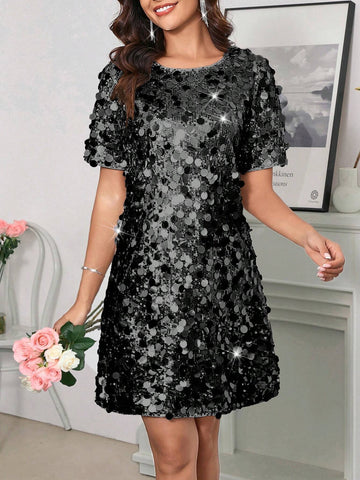 Silver Glitter Decor Cinching Waist Long Dress, Party Gown, Prom Dress