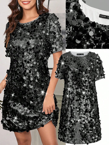 Silver Glitter Decor Cinching Waist Long Dress, Party Gown, Prom Dress