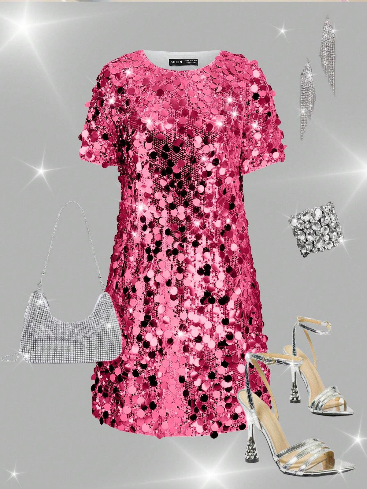 Silver Sequins Decor Belted Cocktail Dress, Suitable For Date Night, Party, Wedding