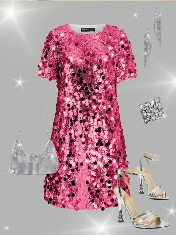 Silver Sequins Decor Belted Cocktail Dress, Suitable For Date Night, Party, Wedding