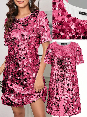 Silver Sequins Decor Belted Cocktail Dress, Suitable For Date Night, Party, Wedding