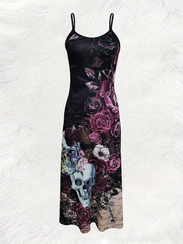 Rose Printed Sexy Spaghetti Strap Dress For Women, Summer Vacation