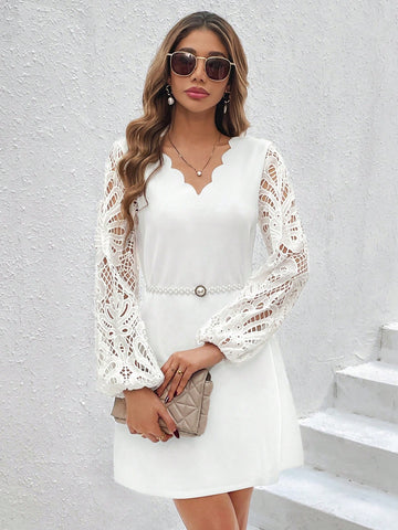 Slim Fit Lace Dress With Shell Edge And Lantern Sleeves