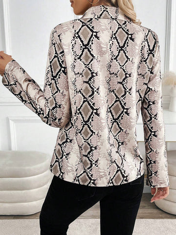 Clasi Snake Skin Print Front Button Down Elegant Long Sleeve Women Blouse