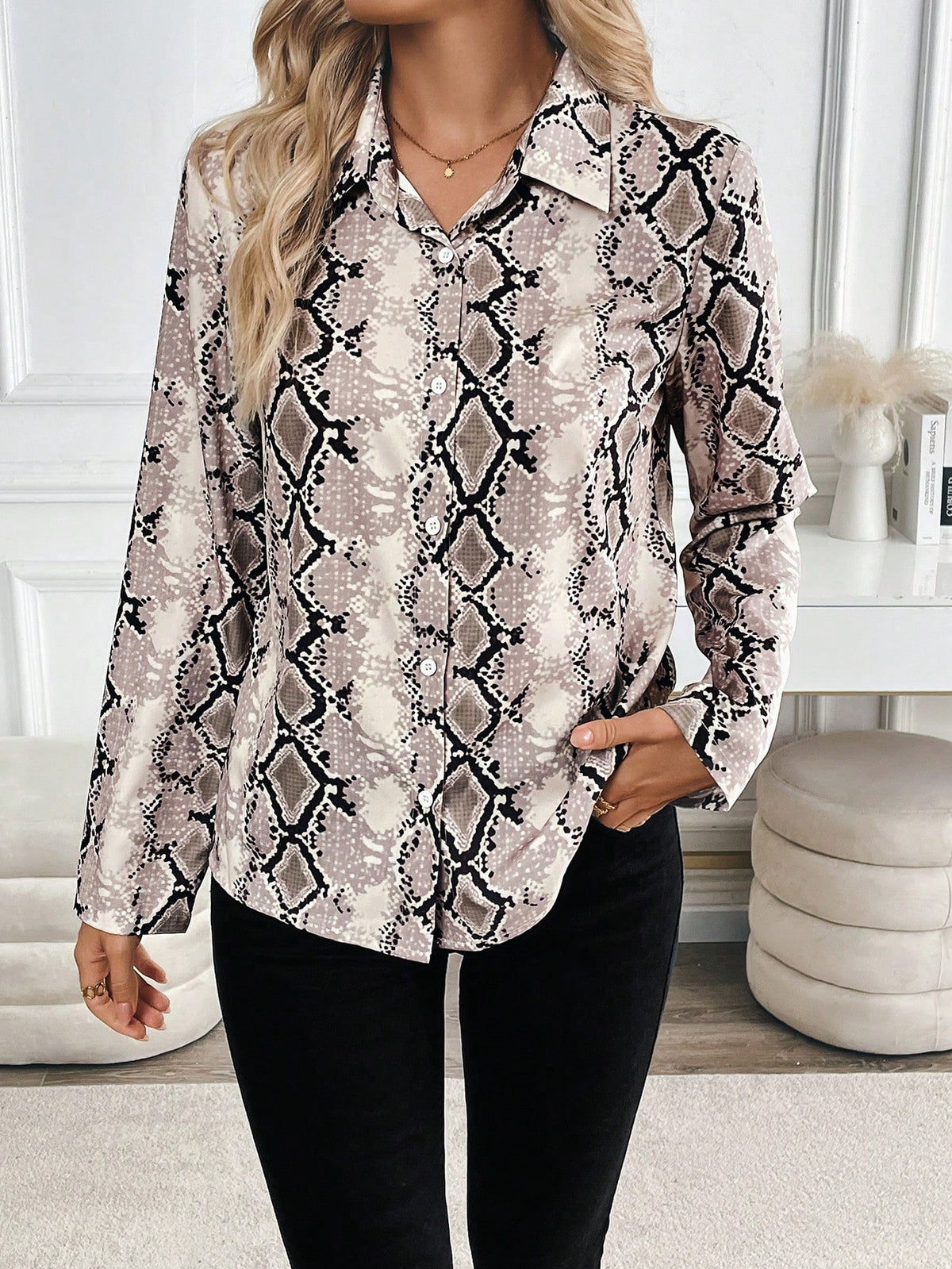 Clasi Snake Skin Print Front Button Down Elegant Long Sleeve Women Blouse