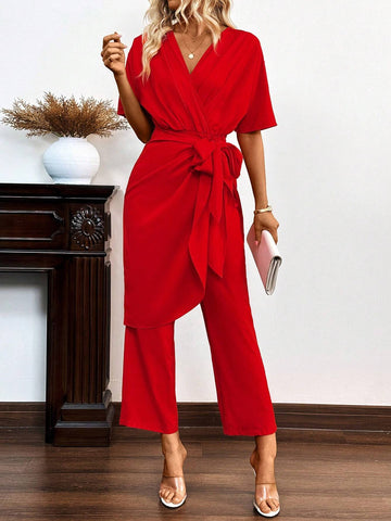 Solid Batwing Sleeve Wrap Knot Side Jumpsuit