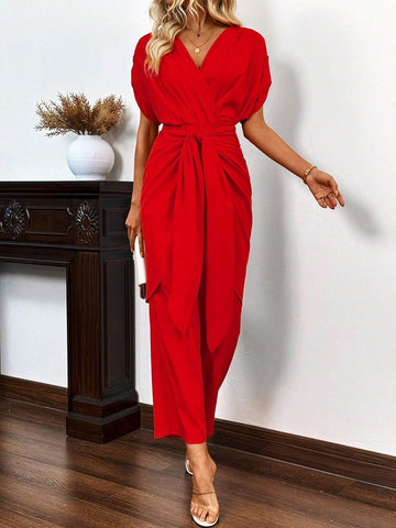Solid Batwing Sleeve Wrap Knot Side Jumpsuit