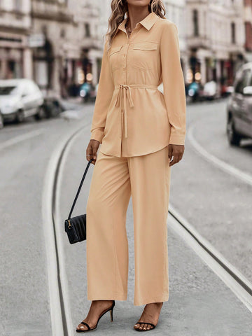 Solid Belted Shirt & Wide Leg Pants
