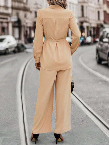 Solid Belted Shirt & Wide Leg Pants