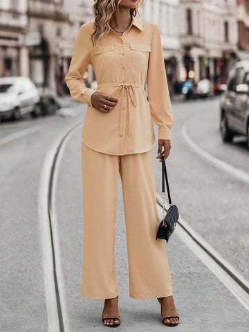 Solid Belted Shirt & Wide Leg Pants