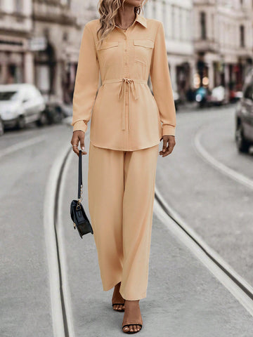 Solid Belted Shirt & Wide Leg Pants