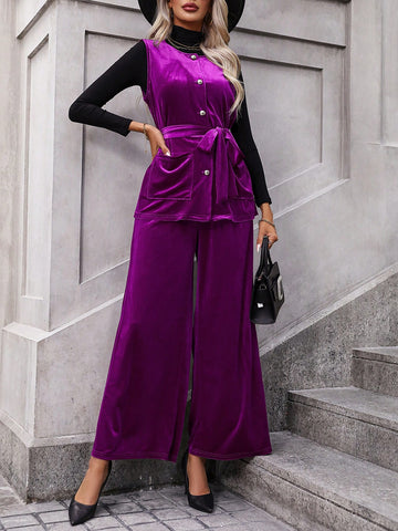 Solid Belted Vest Coat & Wide Leg Pants Without Tee