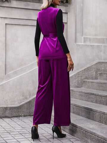 Solid Belted Vest Coat & Wide Leg Pants Without Tee