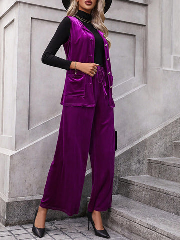 Solid Belted Vest Coat & Wide Leg Pants Without Tee