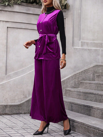 Solid Belted Vest Coat & Wide Leg Pants Without Tee