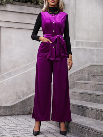 Solid Belted Vest Coat & Wide Leg Pants Without Tee