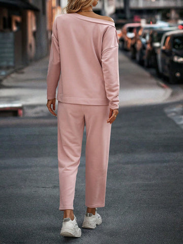 Solid Button Detail Tee & Slant Pocket Pants