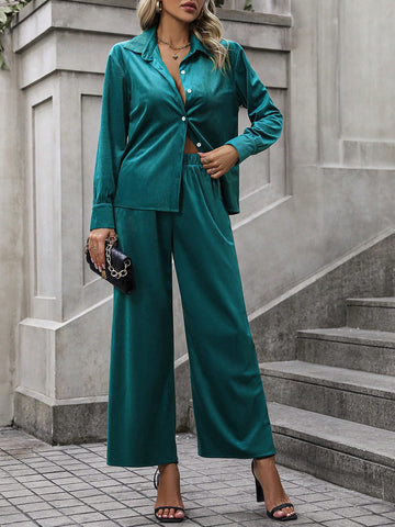 Solid Button Front Shirt & Wide Leg Pants