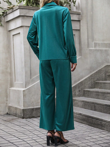 Solid Button Front Shirt & Wide Leg Pants