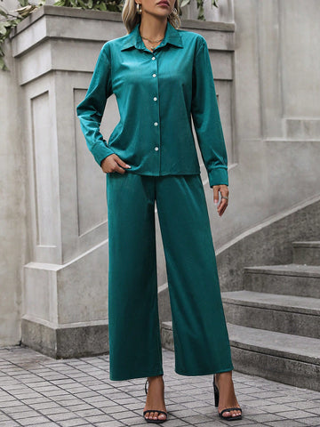 Solid Button Front Shirt & Wide Leg Pants