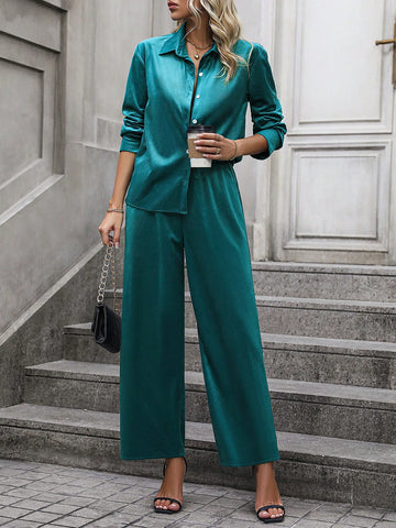 Solid Button Front Shirt & Wide Leg Pants