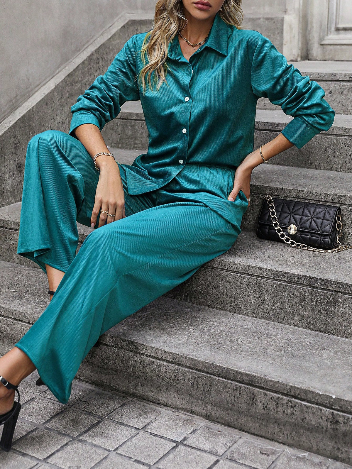 Solid Button Front Shirt & Wide Leg Pants