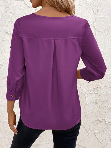 Clasi Solid Color Elegant Round Neck Cuffed Sleeve Commuter Shirt For Women