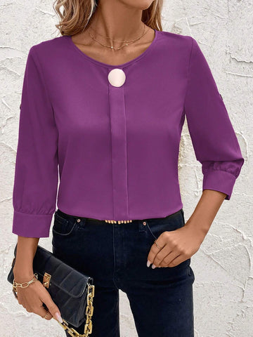Clasi Solid Color Elegant Round Neck Cuffed Sleeve Commuter Shirt For Women