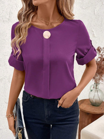 Clasi Solid Color Elegant Round Neck Cuffed Sleeve Commuter Shirt For Women