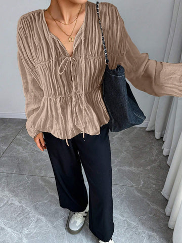 Clasi Solid Color Front Tie Elegant Commute Blouse Long Sleeve Shirt