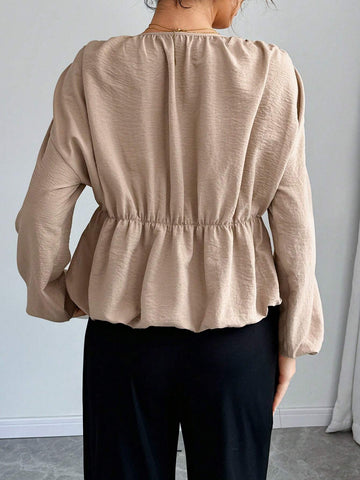 Clasi Solid Color Front Tie Elegant Commute Blouse Long Sleeve Shirt