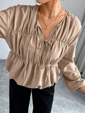 Clasi Solid Color Front Tie Elegant Commute Blouse Long Sleeve Shirt