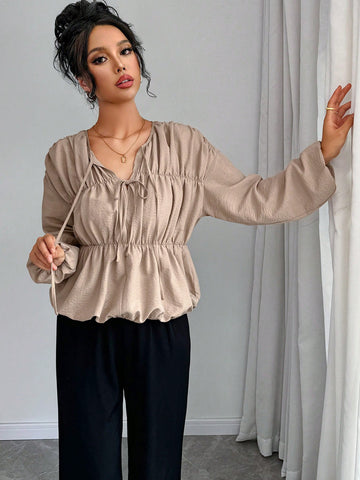 Clasi Solid Color Front Tie Elegant Commute Blouse Long Sleeve Shirt