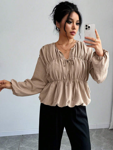 Clasi Solid Color Front Tie Elegant Commute Blouse Long Sleeve Shirt