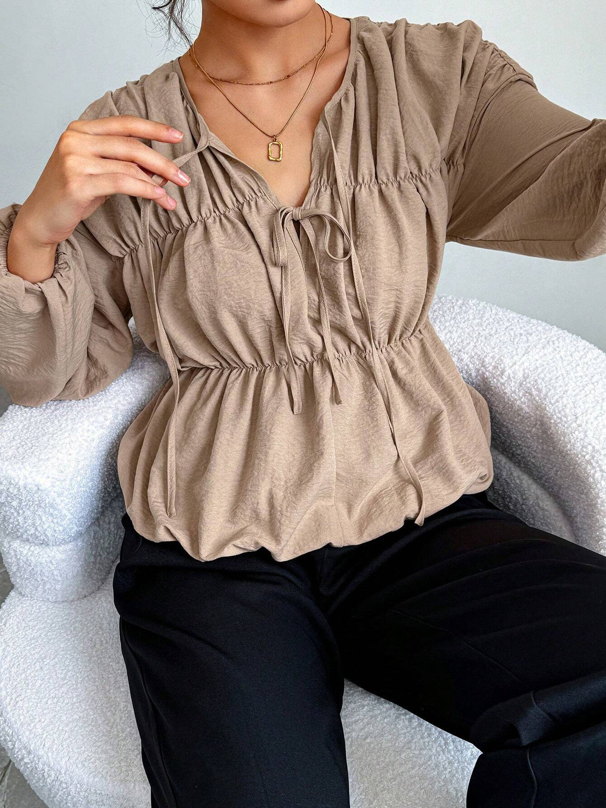 Clasi Solid Color Front Tie Elegant Commute Blouse Long Sleeve Shirt