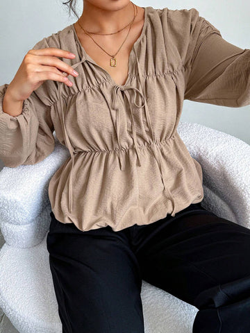 Clasi Solid Color Front Tie Elegant Commute Blouse Long Sleeve Shirt