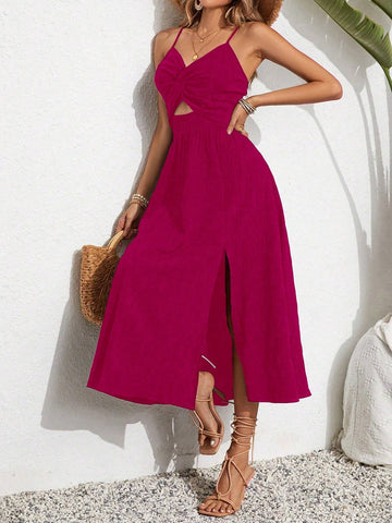 Solid Color Hollow Out Spaghetti Strap Fashionable Slit Front Twisted Strap Dress