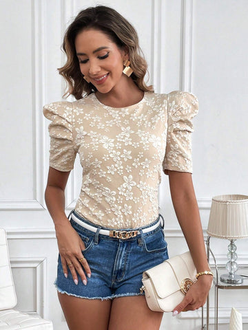 Solid Color Jacquard Puff Sleeve Bodysuit Wedding Women Top