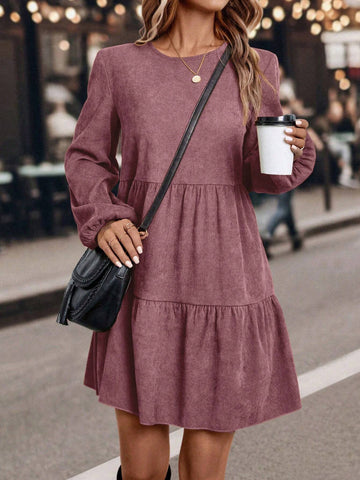 Solid Color Round Neck Long Sleeve Letter Print Casual Mini Dress