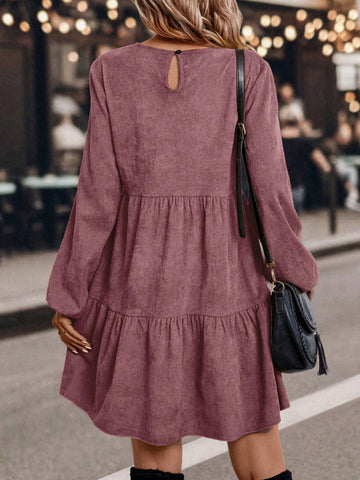 Solid Color Round Neck Long Sleeve Letter Print Casual Mini Dress