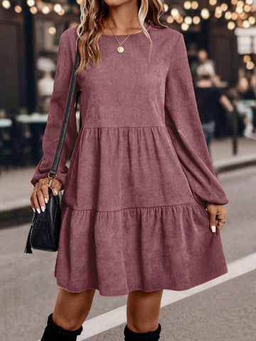 Solid Color Round Neck Long Sleeve Letter Print Casual Mini Dress