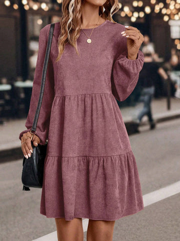 Solid Color Round Neck Long Sleeve Letter Print Casual Mini Dress