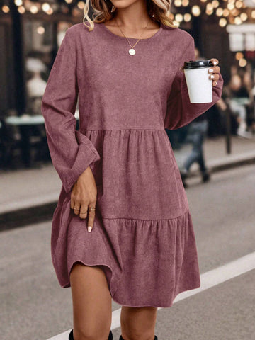 Solid Color Round Neck Long Sleeve Letter Print Casual Mini Dress