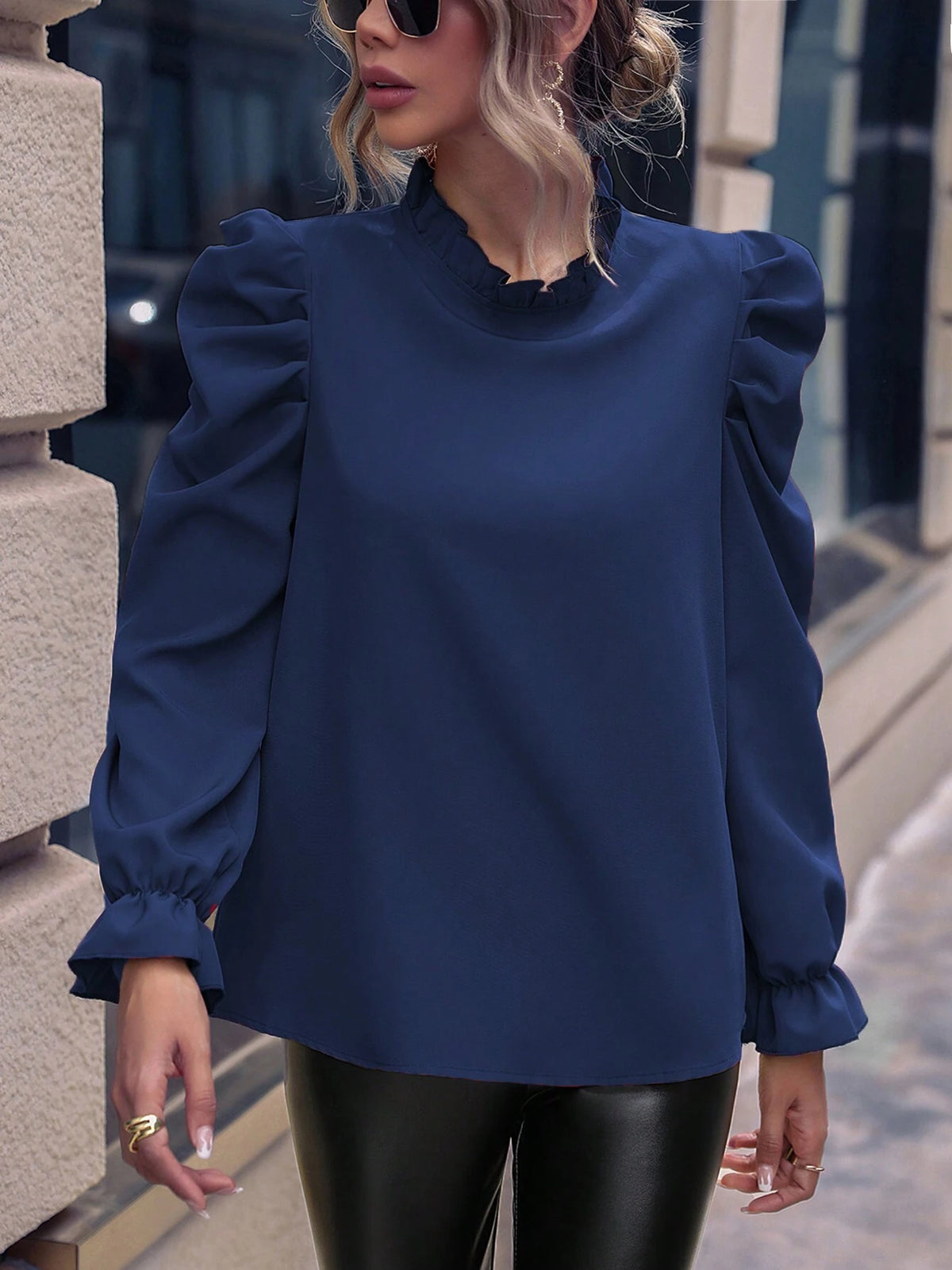 Clasi Solid Color Ruffle Collar Long Sleeve Blouse