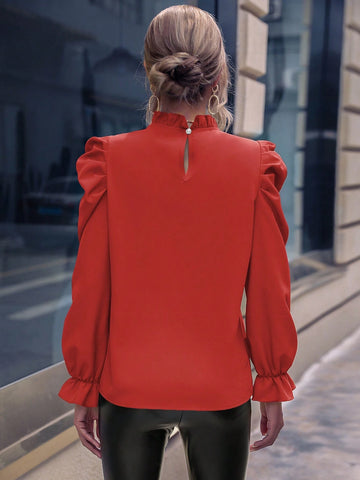 Clasi Solid Color Ruffle Hem Round Neck Long Sleeve Casual Shirt, Autumn